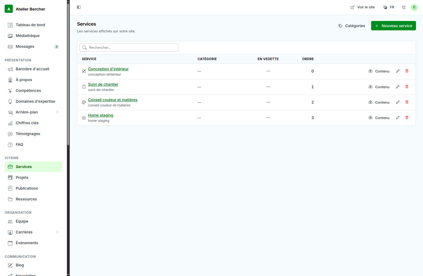 The Services list: search, then columns for category, featured and display order, with edit and delete actions.